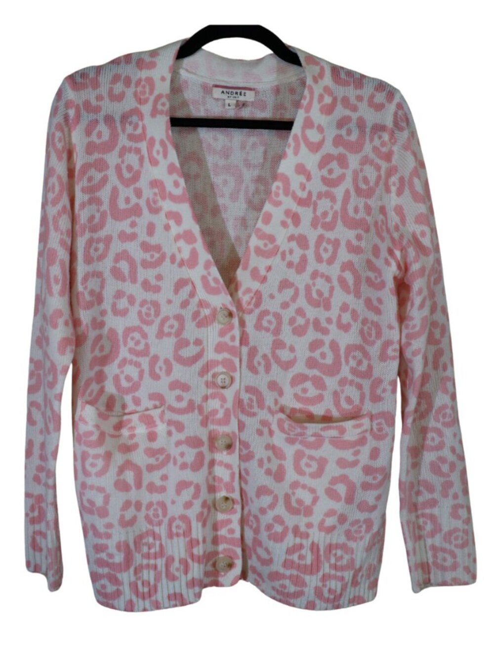 Andree by Unit Pink Leopard Print Cardigan V-Neck Button Front Pockets Large EUC
